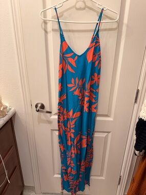 Old Navy Blue & Coral Floral Maxi Slip Dress